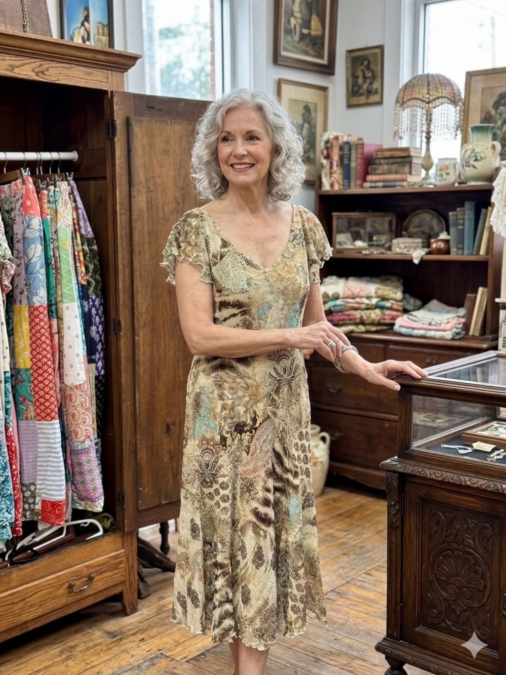 Komarov Taupe Floral & Animal-Print Midi Dress